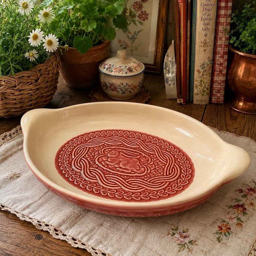 Longaberger Pottery Woven Traditions Rabbit Paprika Oval Casserole 13" Dish